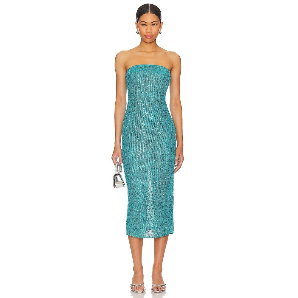 NBD Womens Aine Midi Dress in Turquoise Blue Sequin Strapless Tube Size Medium